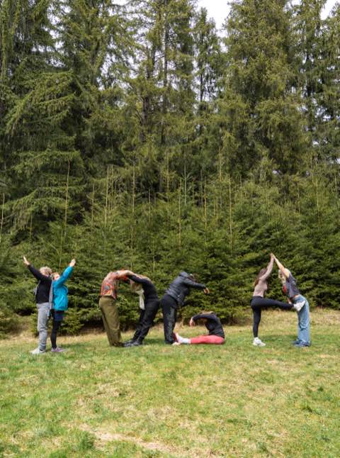 Gruppe beim Yoga im Freien während eines Retreats