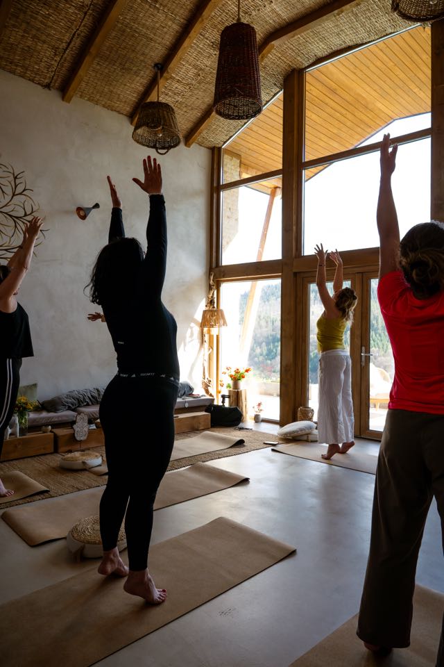 Yogagruppe streckt die Arme im Sonnengruß nach oben